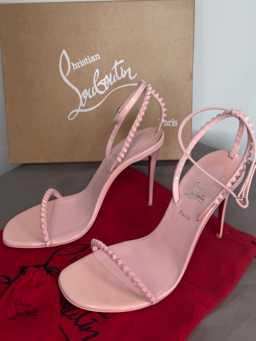 Christian Louboutin Blush Pink Studded Slingback Stiletto Sandals
